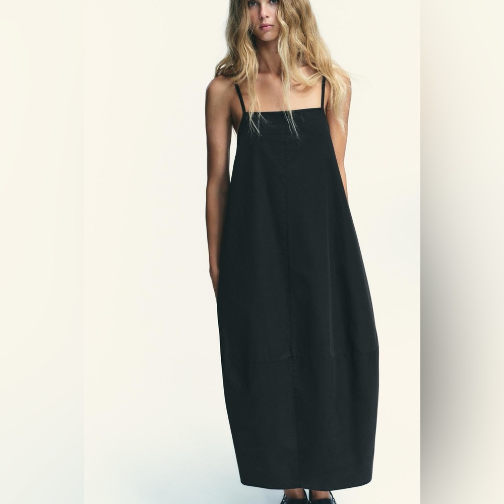 ZARA Black 100% cotton voluminous / bubble dress with straps NWT